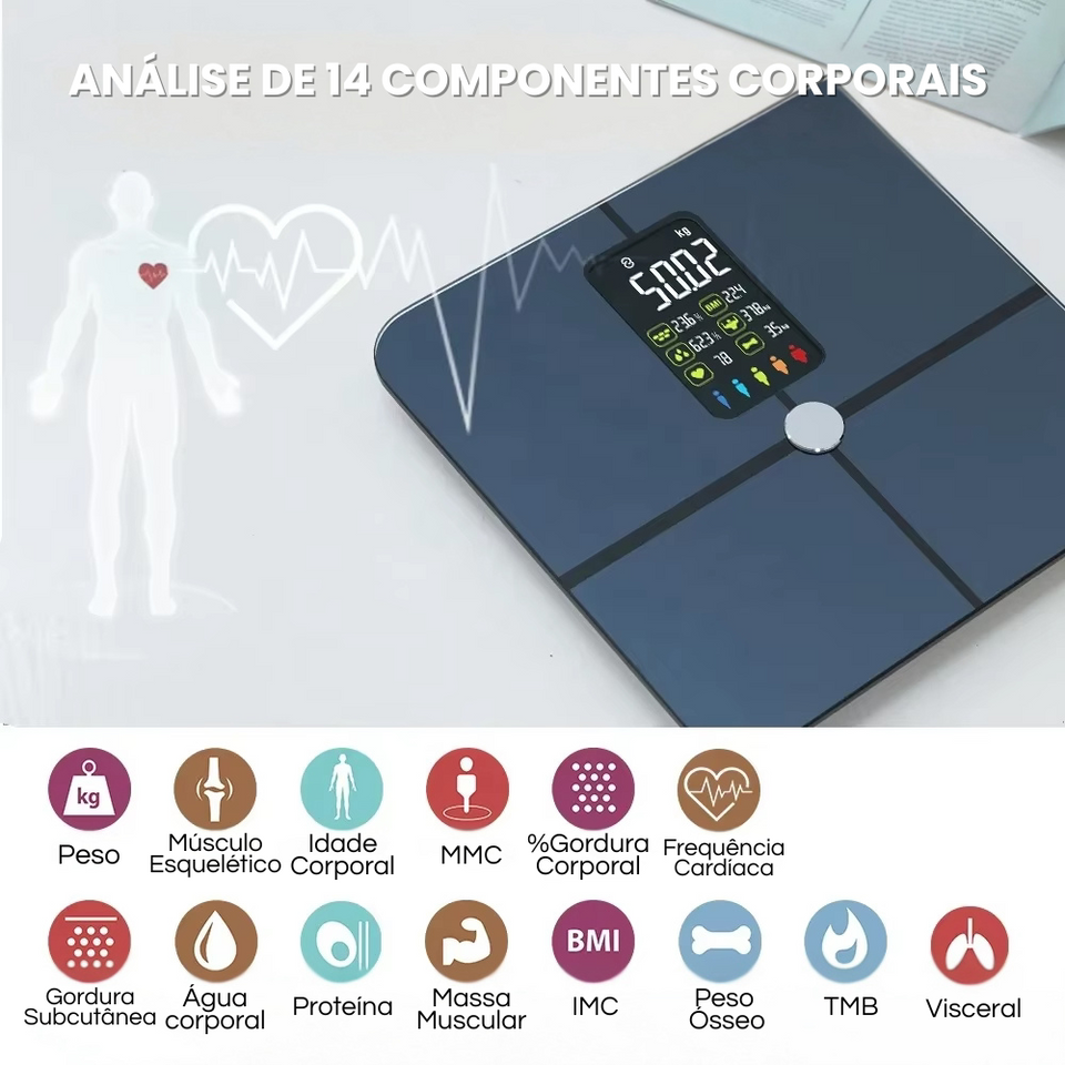 Balança Digital Inteligente - Análise Corporal Completa com 14 Métricas