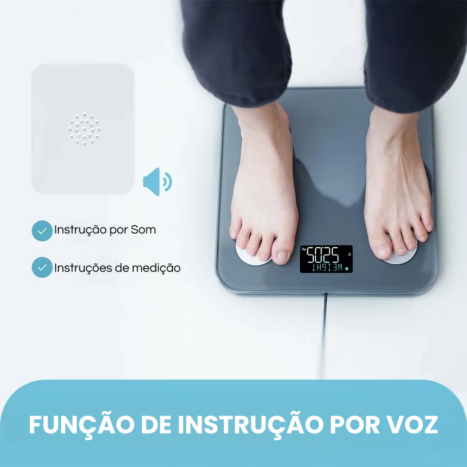 Balança Fitness Inteligente – 8 Eletrodos, Medição Precisa, Voz e Relatório para Impressão