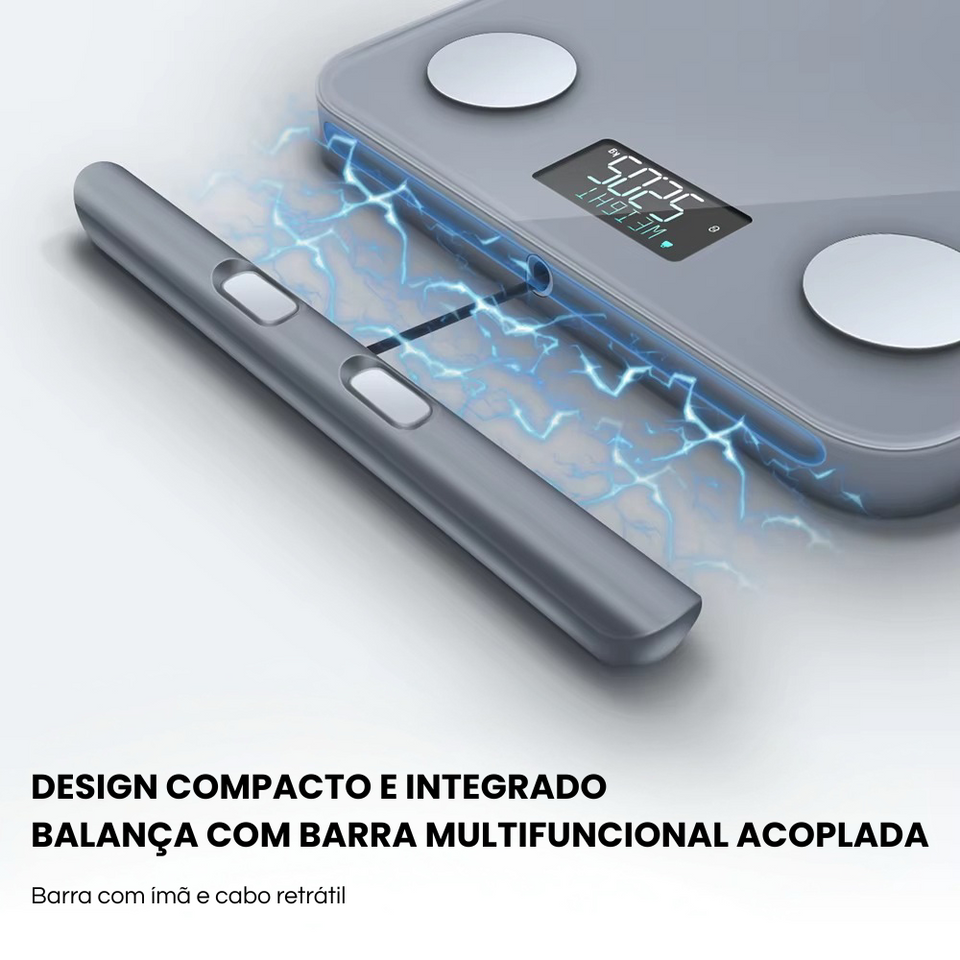 Balança Fitness Inteligente – 8 Eletrodos, Medição Precisa, Voz e Relatório para Impressão