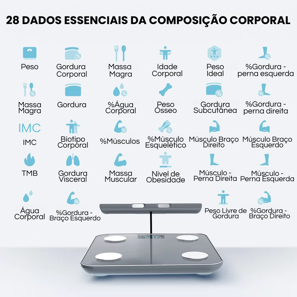Balança Fitness Inteligente – 8 Eletrodos, Medição Precisa, Voz e Relatório para Impressão