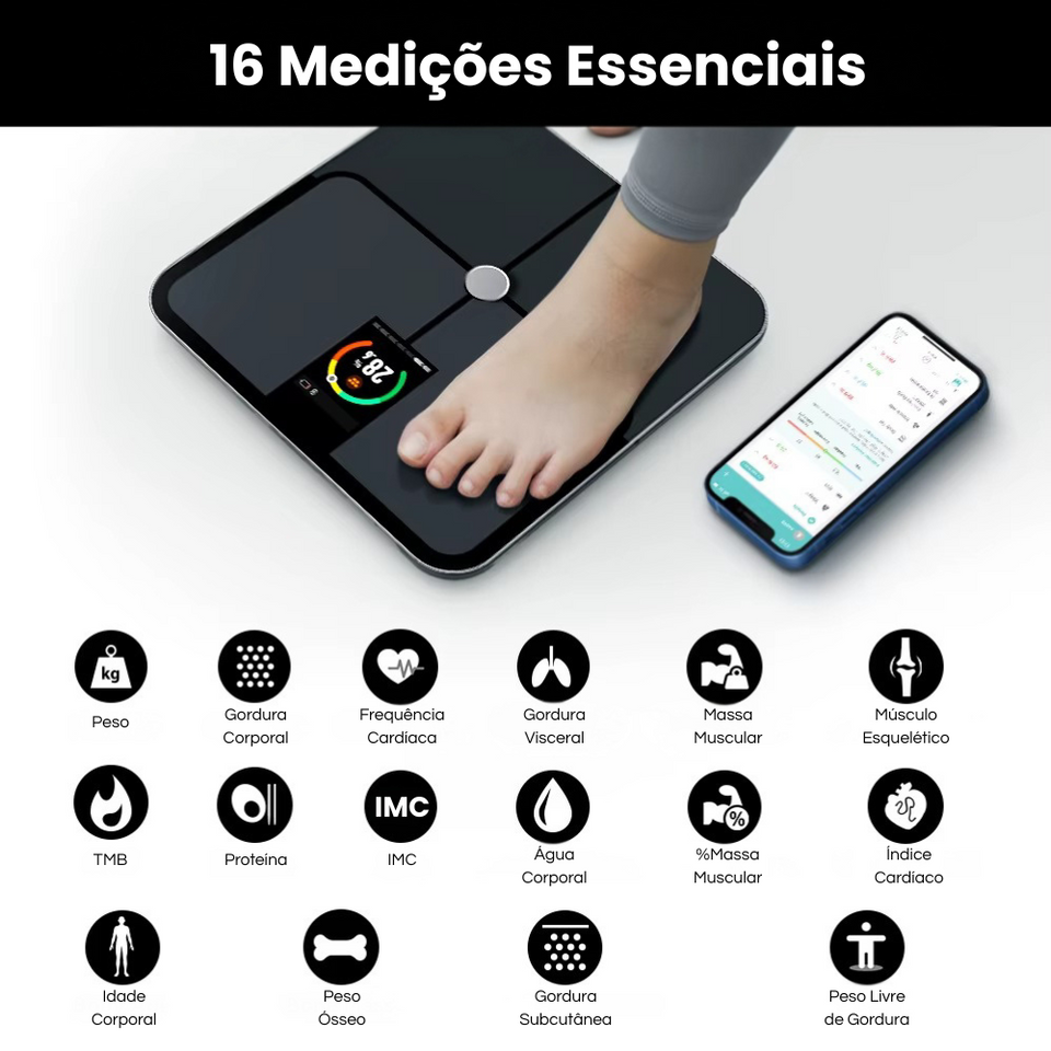 Balança Inteligente – Medição de Gordura Corporal, Peso, IMC, Massa Muscular e Frequência Cardíaca