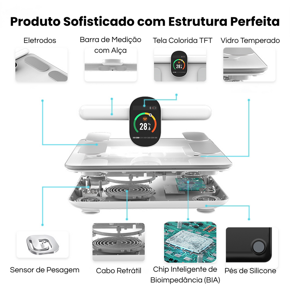 Balança Inteligente de Bioimpedância com 8 Eletrodos e Composição Corporal Completa