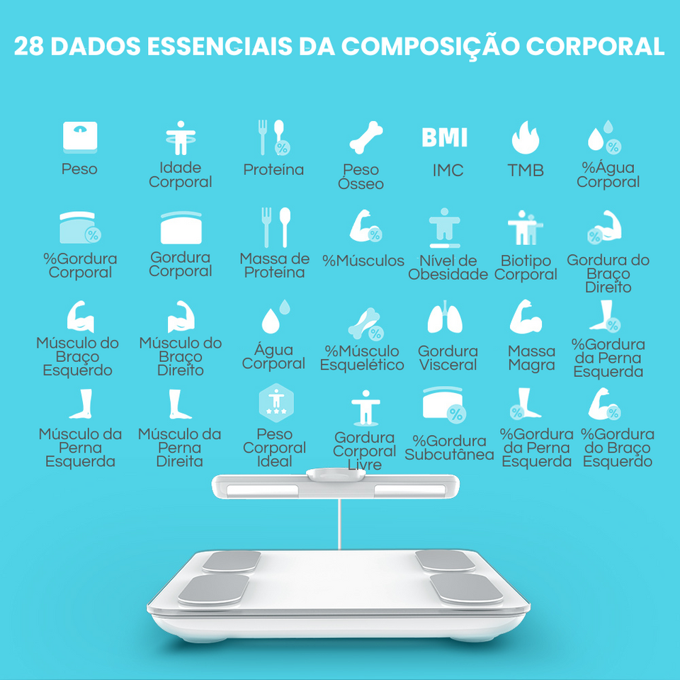 Balança Inteligente de Bioimpedância com 8 Eletrodos e Composição Corporal Completa